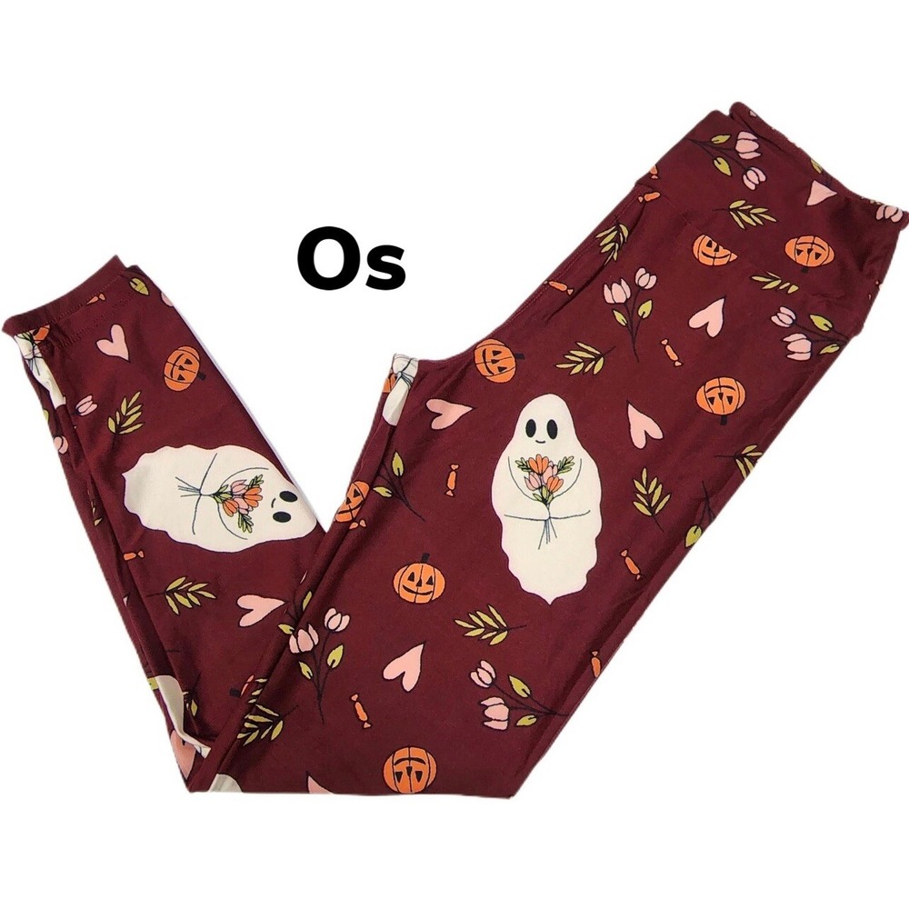 OS LuLaRoe Leggings Halloween Burgundy Ghost Bride Pumpkins Hearts Fits 2/10